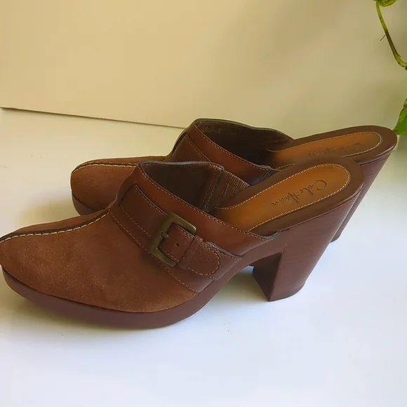 Cole Haan Ladies Brown High Heels Suede Slip-on Mules with Buckle - Picture 3 of 8